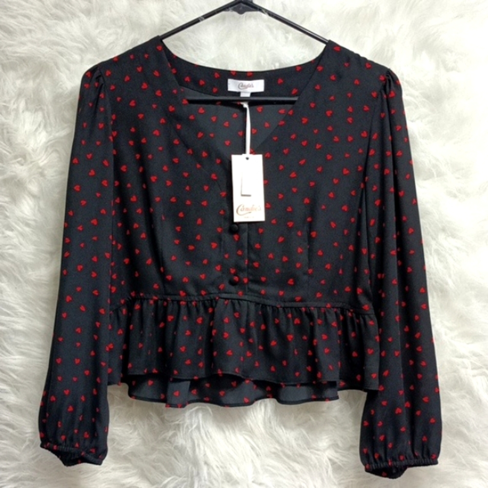 Red Hearts Sheer Black Red Cropped Balloon Sleeve Cropped Blouse Top NWT XS